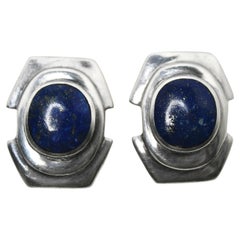 Vintage Lapis Lazuli Sterling Silver Chunky Clip-On Earrings