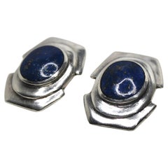 Vintage Lapis Lazuli Sterling Silver Chunky Clip-On Earrings