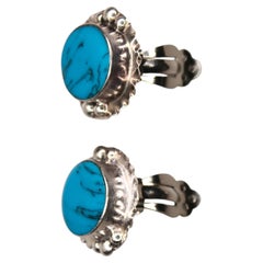 Vintage Turquoise & Textured Silver Round Clip-On Earrings