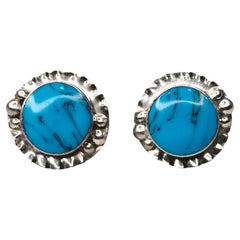 Vintage Turquoise & Textured Silver Round Clip-On Earrings