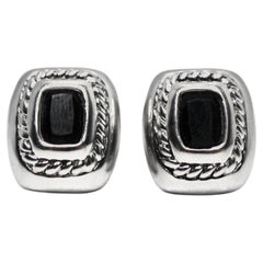 Vintage Silver & Black Onyx Cushion Cut Clip-On Earrings
