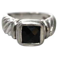 Vintage Cable Carved Silver & Black Square Bezel Set Onyx Ring