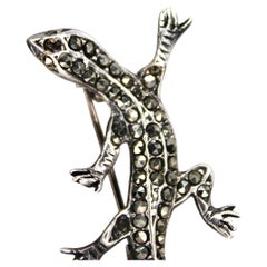 Vintage Sterling Silver & Rhinestone Lizard Brooch Pin