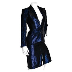 Traje de falda vintage de archivo de Thierry Mugler, de terciopelo azul iridiscente, de alrededor de 1998