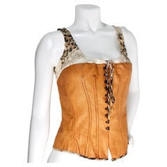 Roberto Cavalli Brown Leather & Leopard Print Silk Archival Vintage Corset Y2K