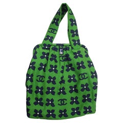Chanel Green & Navy Camellia & Coco Mark Print Kiss-Lock Frame Tote Bag 2002