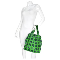 Chanel Green & Navy Camellia & Coco Mark Print Kiss-Lock Frame Tote Bag 2002