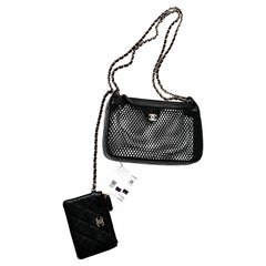 Chanel Black Mesh & Shiny Lambskin Chain Shoulder Bag
