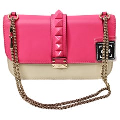Valentino Garavani Fuchsia & Beige Rockstud Glam Lock Flap Bag Circa 2010s