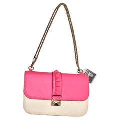 Valentino Garavani Fuchsia & Beige Rockstud Glam Lock Flap Bag Circa 2010s