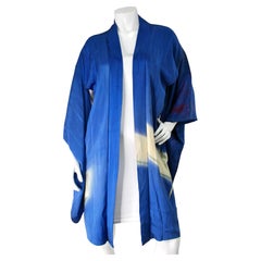 Handmade Traditional Japanese Royal Blue Silk Mid-Length Haori Vintage Kimono
