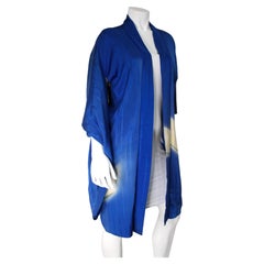 Handmade Traditional Japanese Royal Blue Silk Mid-Length Haori Vintage Kimono