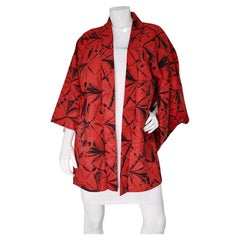 Traditional Japanese Crimson Red & Black Haori Vintage Kimono Jacket