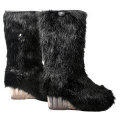 Chanel Archival Vintage Black Faux Fur "Yeti" Icicle Wedge Boots Circa 2010