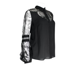 Elie Saab Black Sheer Silk & Lace Button Down Long Sleeve Blouse