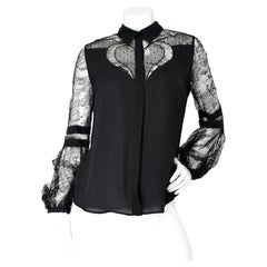 Elie Saab Black Sheer Silk & Lace Button Down Long Sleeve Blouse