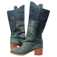 Chanel Runway Two-Tone Cavaliere Denim Boots Circa 2014