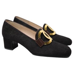 Chanel Marron Dark Brown Pony Hair & Gold CC Vintage Loafer Heels Circa 1996