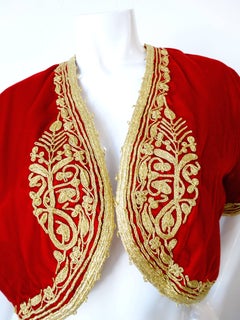 Red Velvet Gold Trimmed Moroccan Bolero Jacket, 1960s