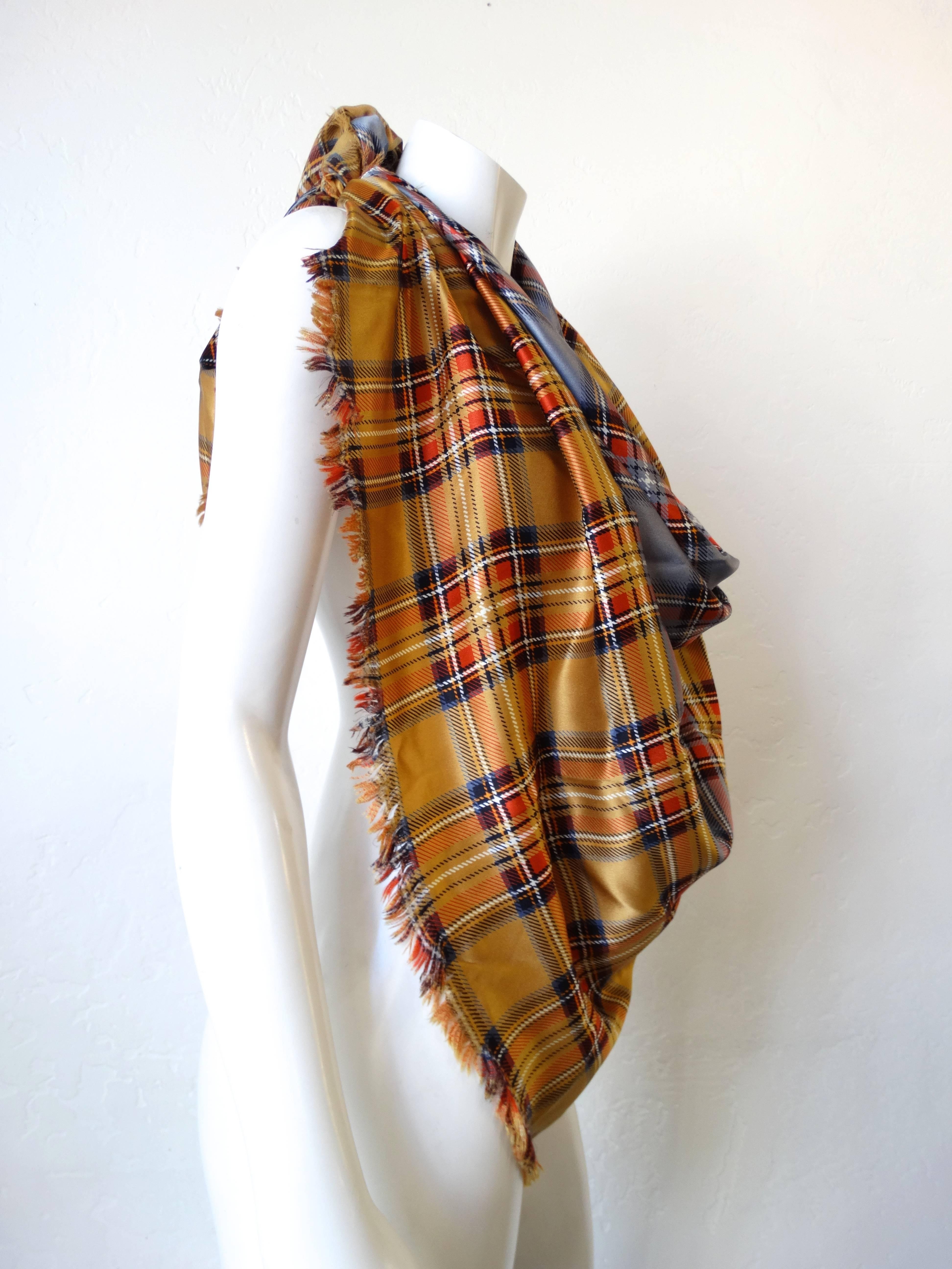 Brown Yves Saint Laurent Contrasting Tartan Silk Scarf, 1980s 