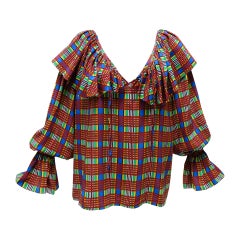 1970's Yves Saint Laurent Plaid Silk Peasant Blouse