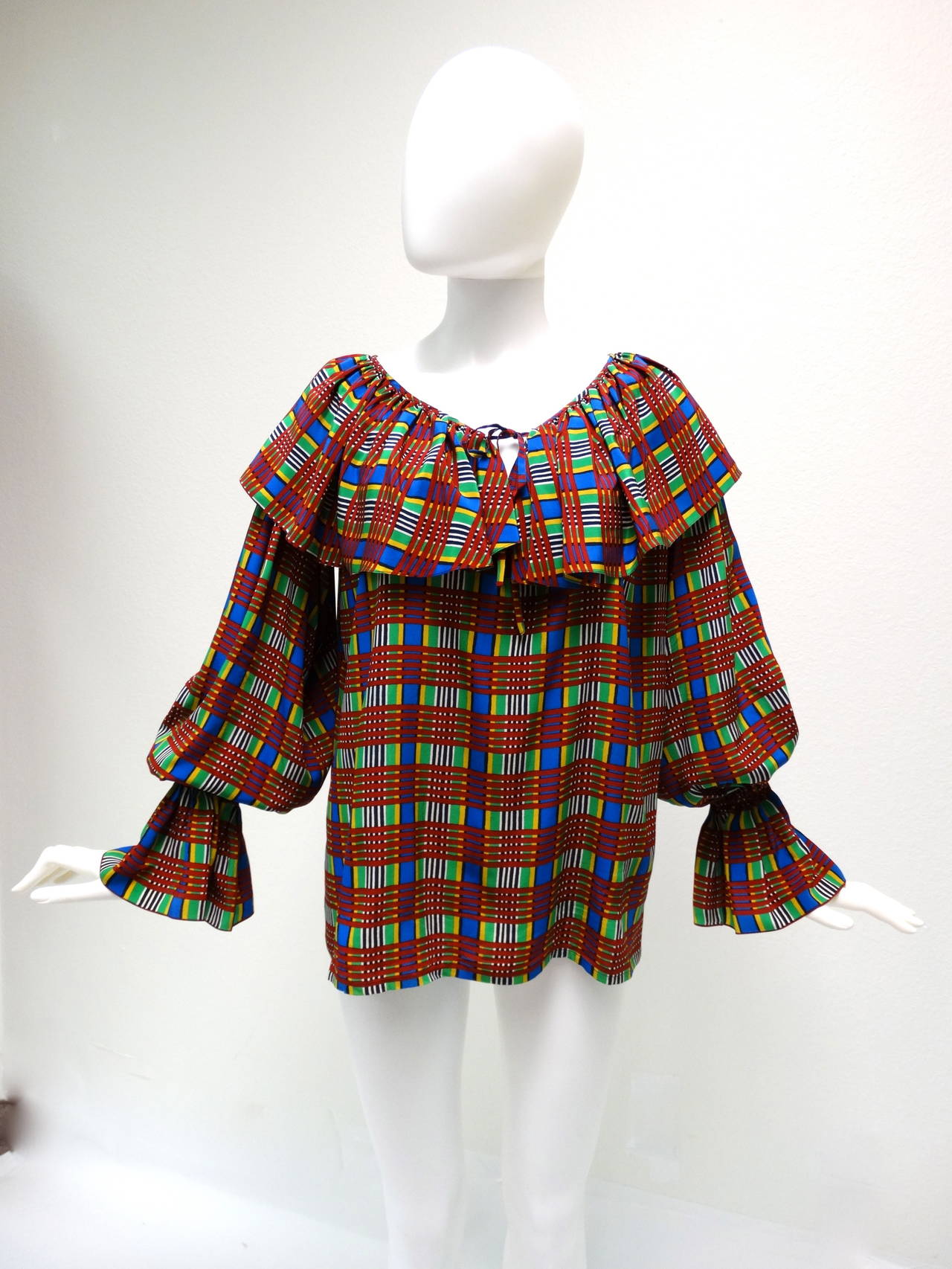 1970's Yves Saint Laurent Plaid Silk Peasant Blouse In Excellent Condition In Scottsdale, AZ