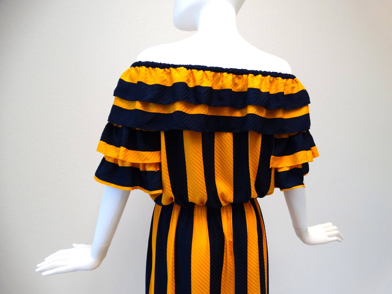 1980s Silk Gideon Oberson Off the Shoulder Navy and Gold Ruffle Dress 6