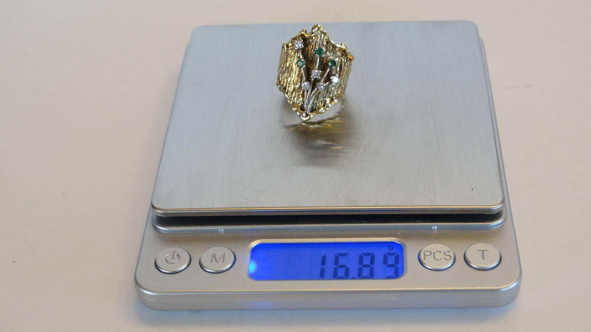 Round Cut 14k Floral Ring with Diamonds and Emeralds circa 1970s For Sale