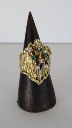 14k Floral Ring with Diamonds and Emeralds circa 1970s