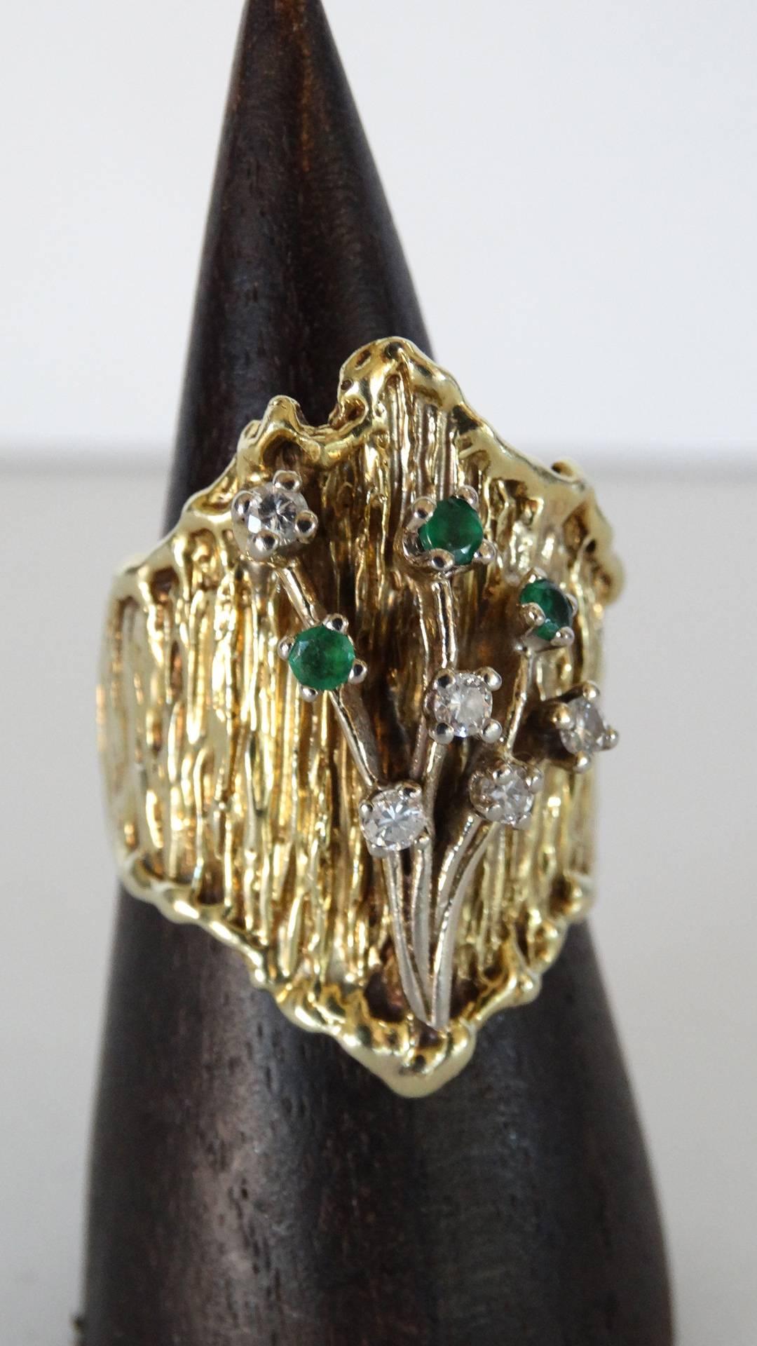 14k Floral Ring with Diamonds and Emeralds circa 1970s  For Sale 2