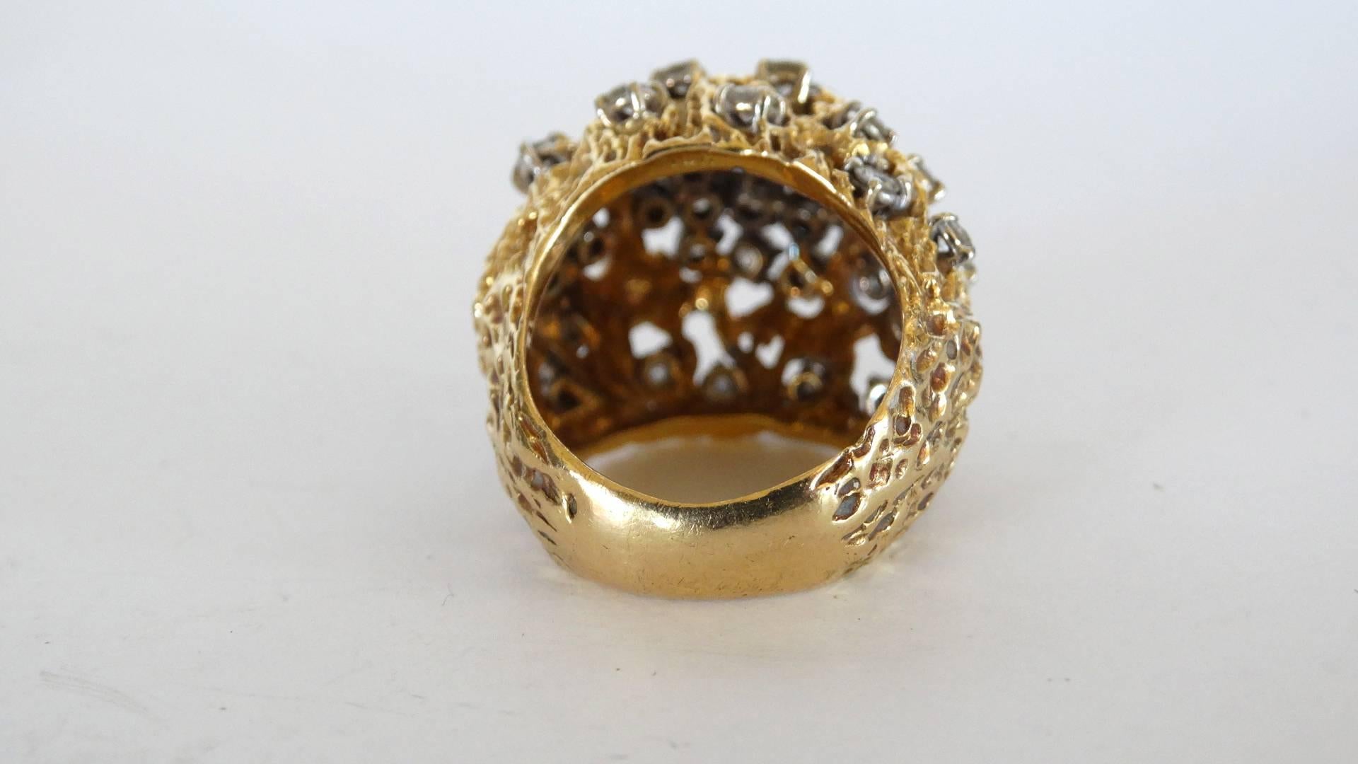 Round Cut 3 Carat Diamond Cluster Gold Nugget Ring For Sale