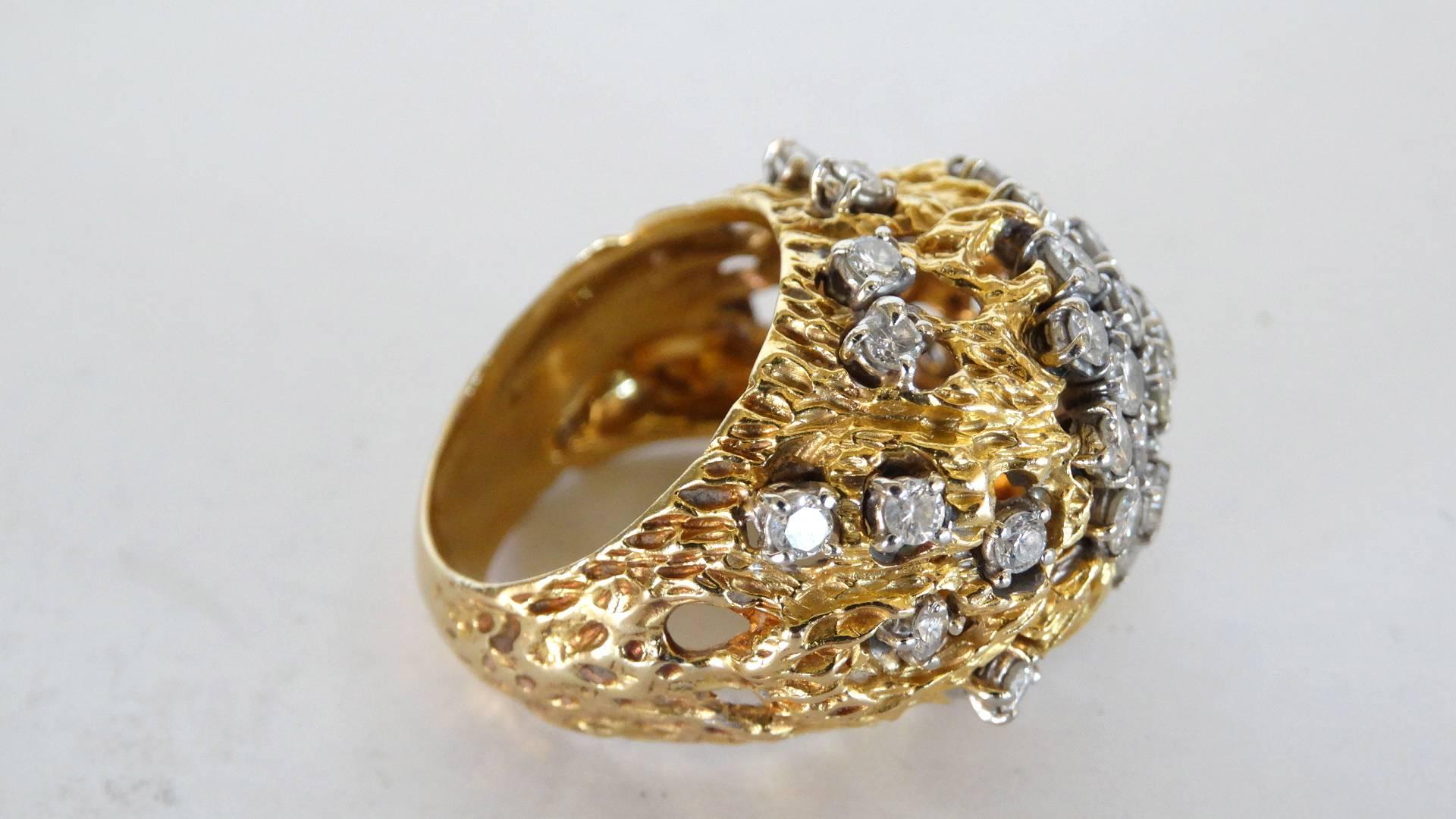 Women's or Men's 3 Carat Diamond Cluster Gold Nugget Ring For Sale