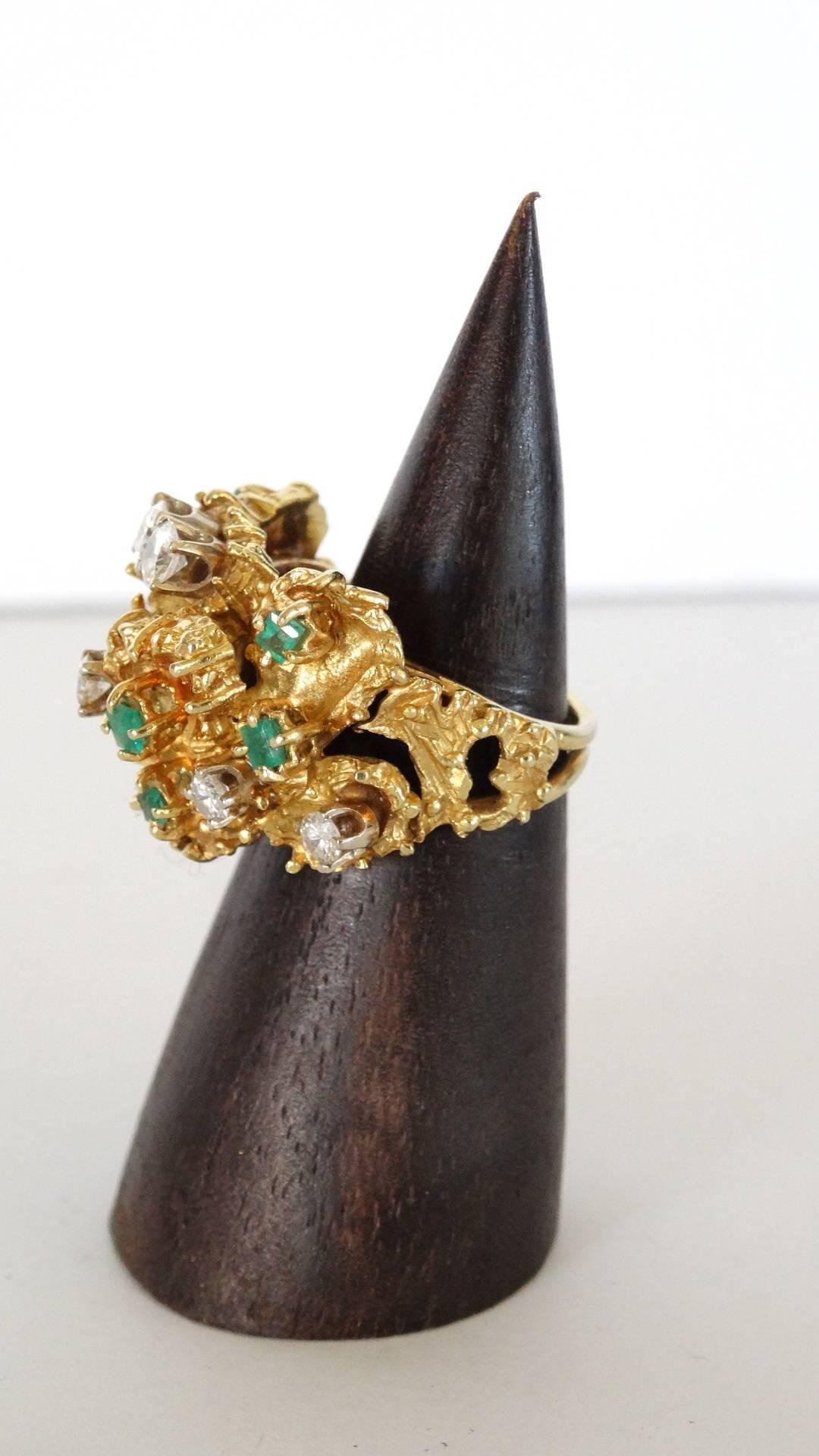 18K Gold Nugget Cocktail Ring with Diamonds and Emeralds  3
