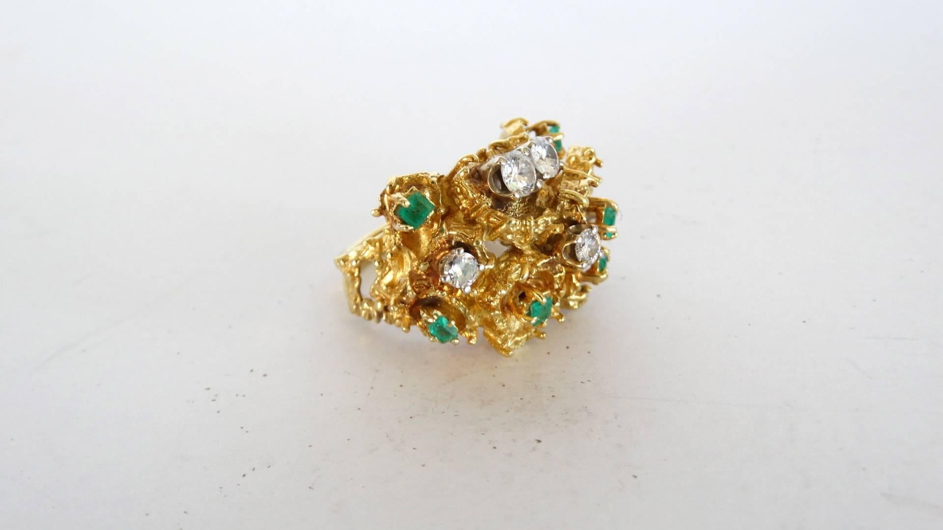 18K Gold Nugget Cocktail Ring with Diamonds and Emeralds  7