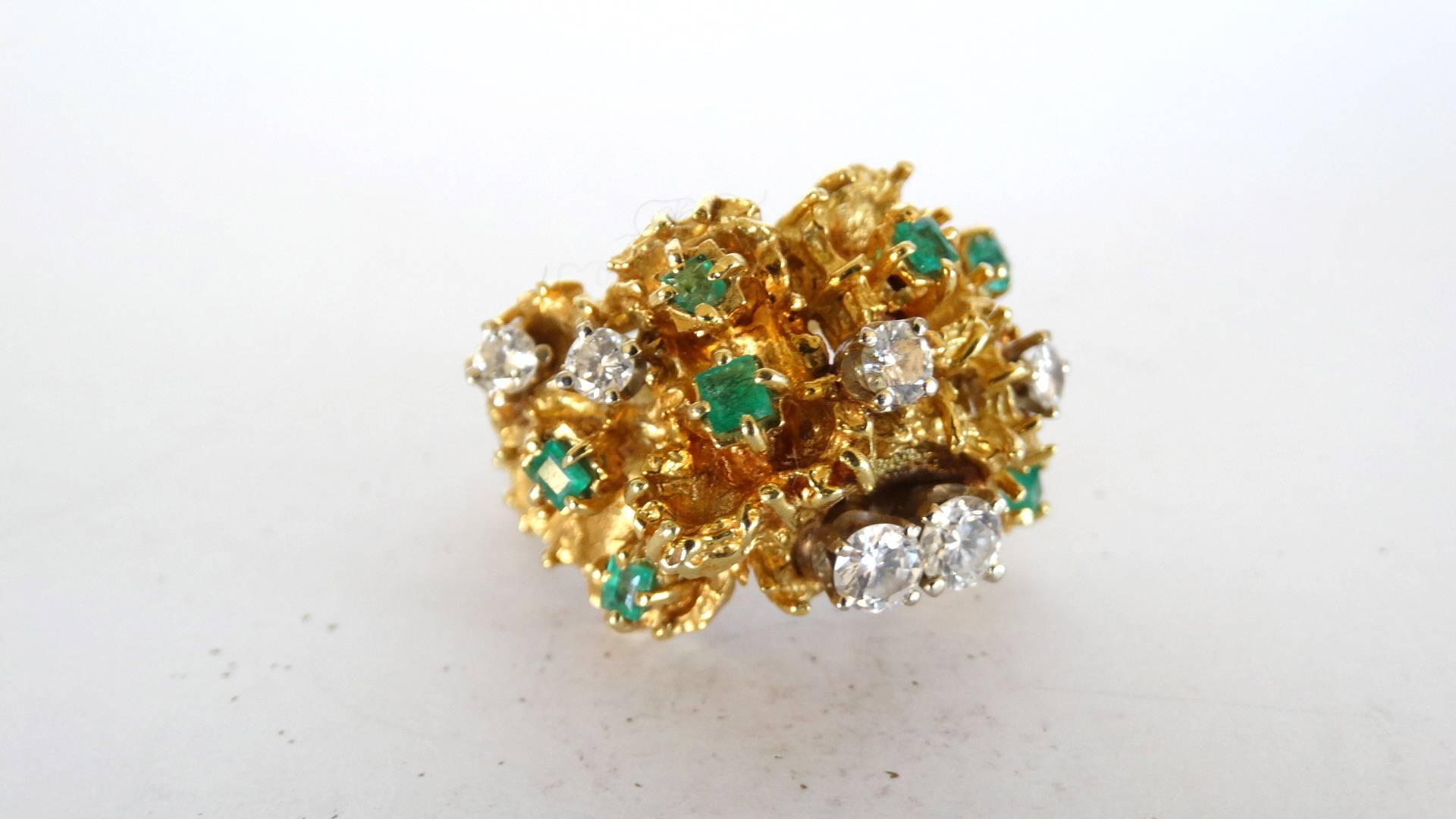 18K Gold Nugget Cocktail Ring with Diamonds and Emeralds  8