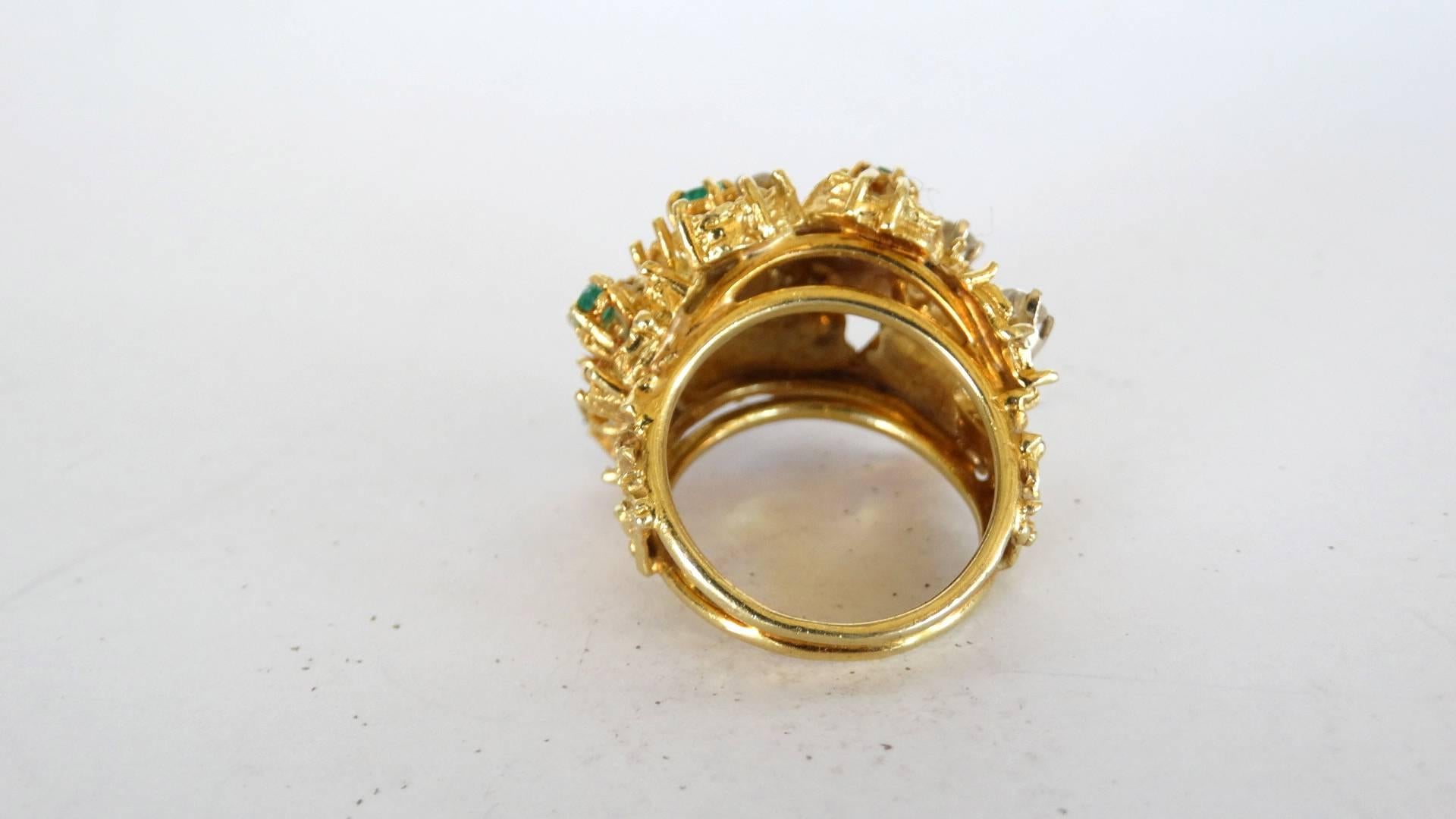 18K Gold Nugget Cocktail Ring with Diamonds and Emeralds  9