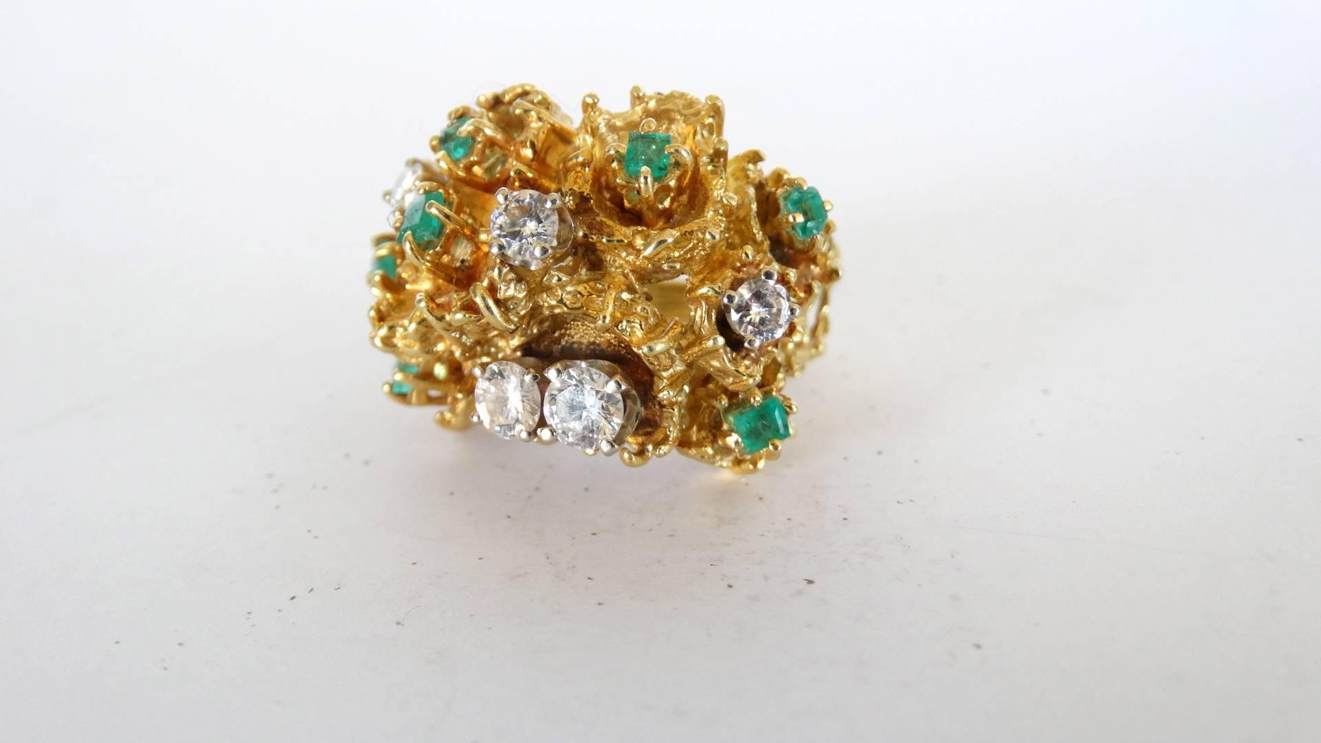 18K Gold Nugget Cocktail Ring with Diamonds and Emeralds  2