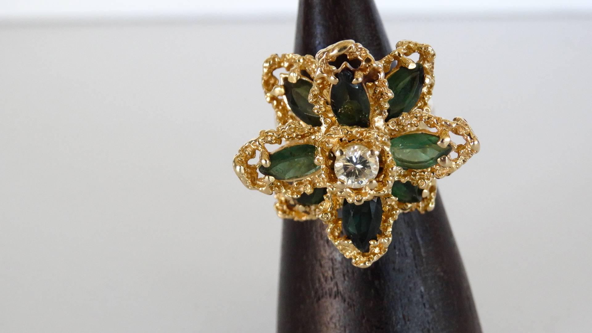 Women's or Men's Green Tourmaline Flower Ring with Diamond For Sale