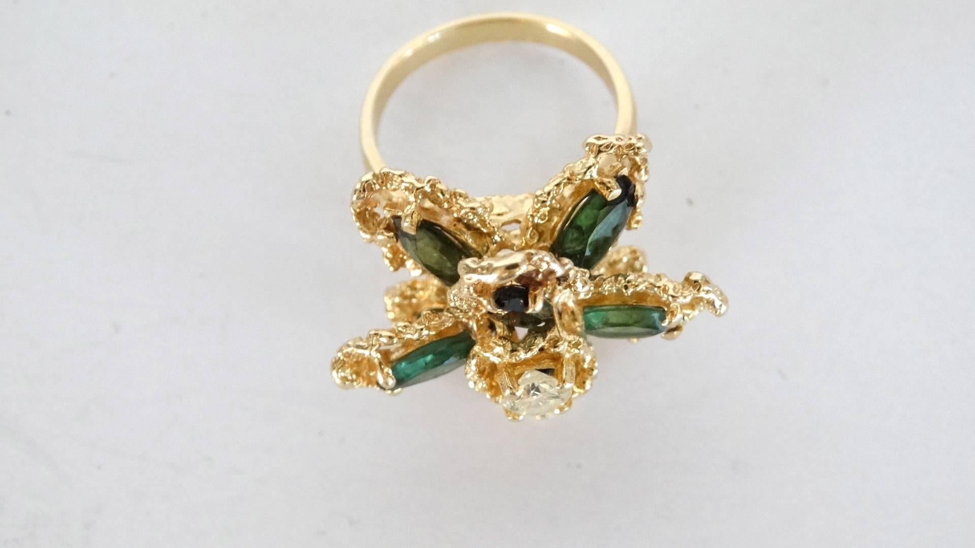 Green Tourmaline Flower Ring with Diamond For Sale 10