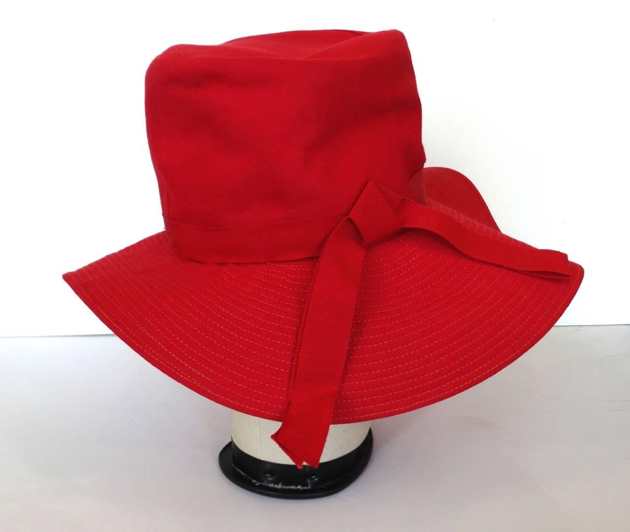 20th Century Red Cotton and Raffia Brim Hat  1
