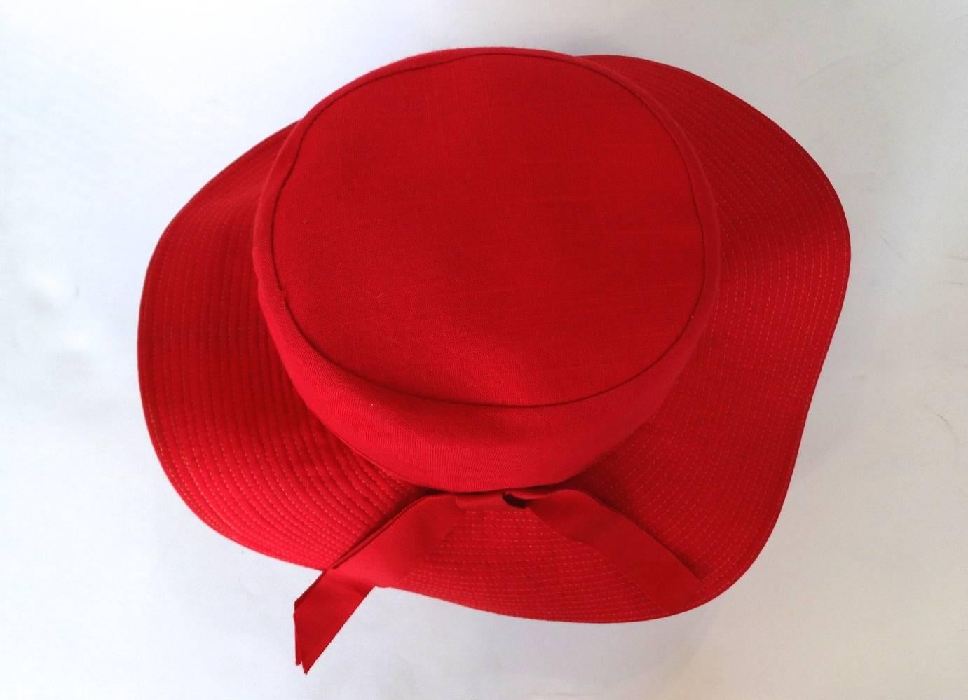 Women's 20th Century Red Cotton and Raffia Brim Hat 