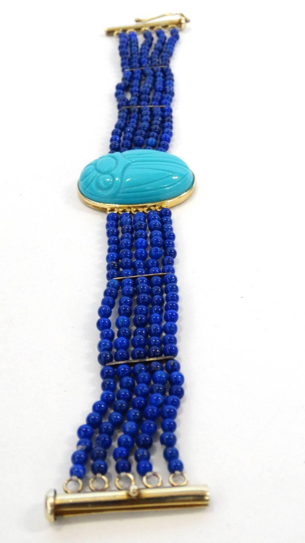 Vintage Gold & Turquoise Scarab Beetle Bracelet In Excellent Condition In Scottsdale, AZ