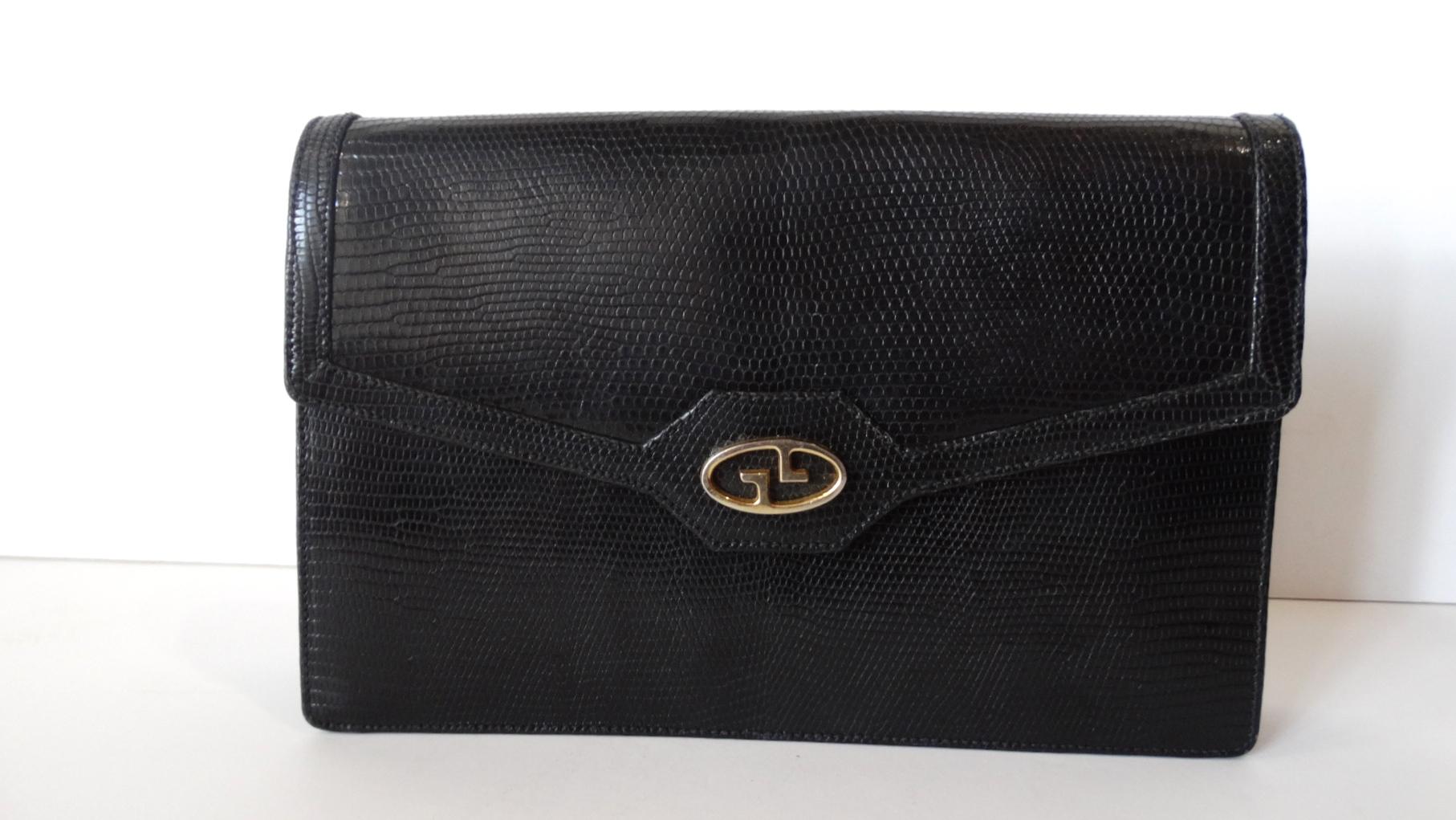 1970 Gucci pochette de soirée à demi rabat en lézard noir 11