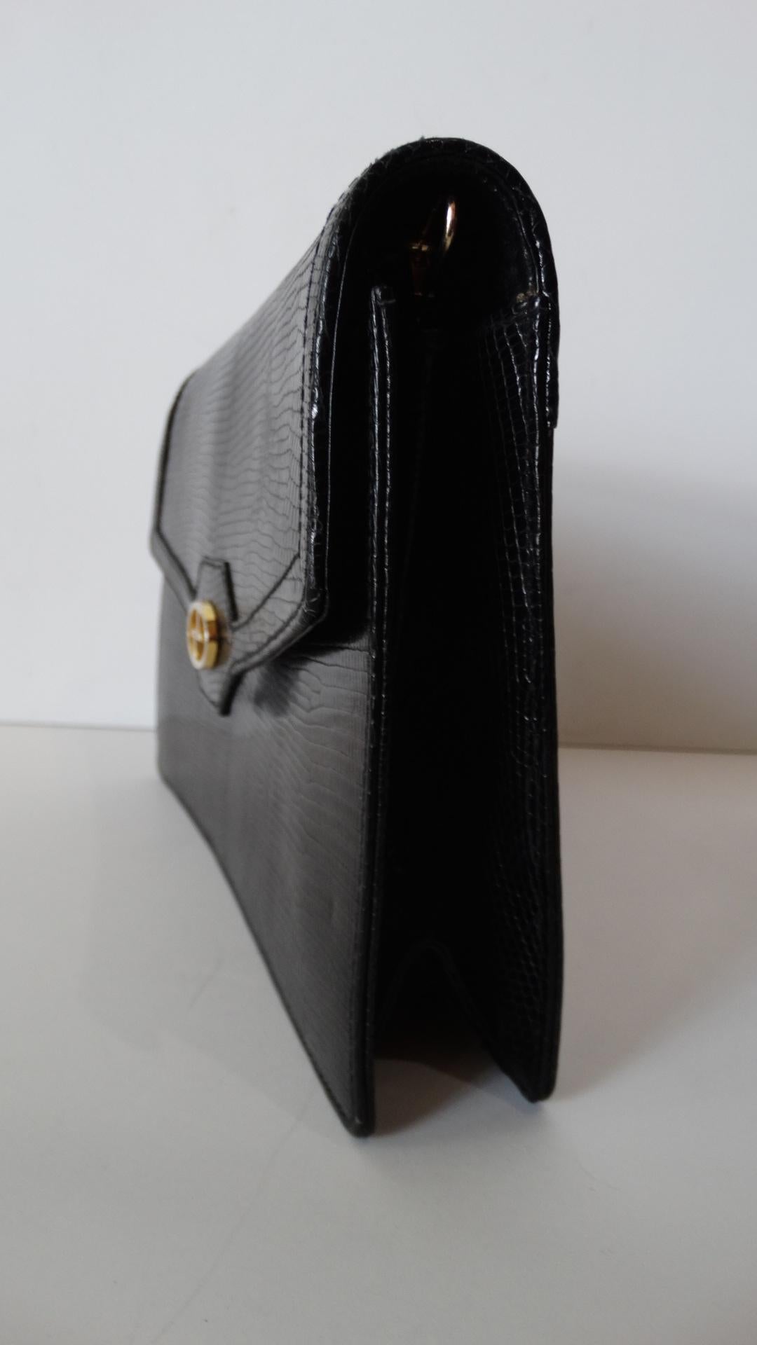 1970 Gucci pochette de soirée à demi rabat en lézard noir 9