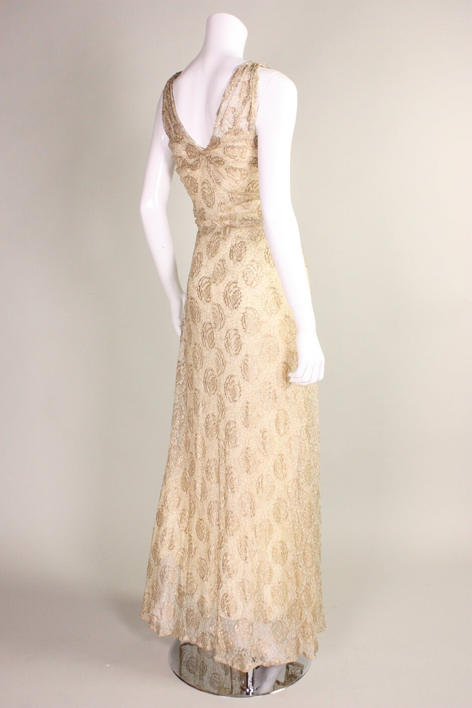 Women's Ivory Lace and Gold Lamé Gown, 1930s  For Sale