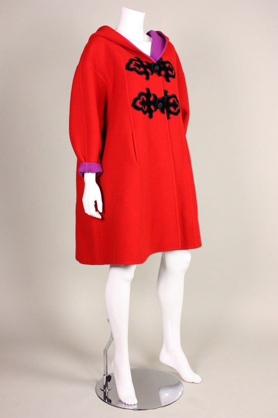 1990's Christian Lacroix Red Wool Coat with Velvet Appliques In Excellent Condition In Los Angeles, CA