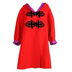 1990's Christian Lacroix Red Wool Coat with Velvet Appliques