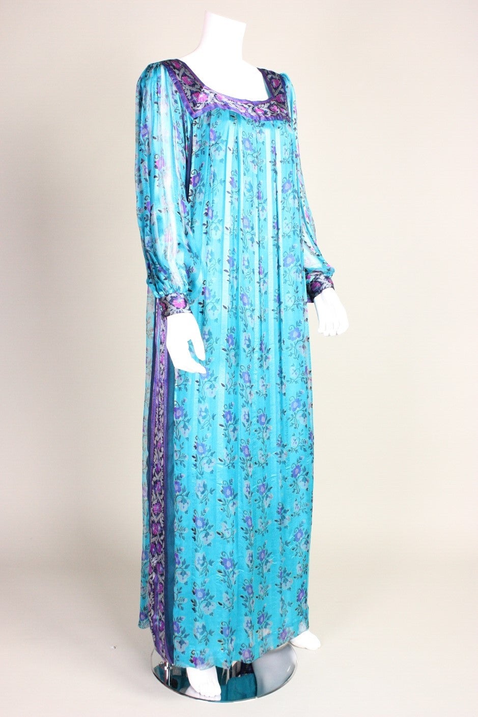 1970's Raksha Turquoise Silk Chiffon Maxi Dress In Excellent Condition In Los Angeles, CA