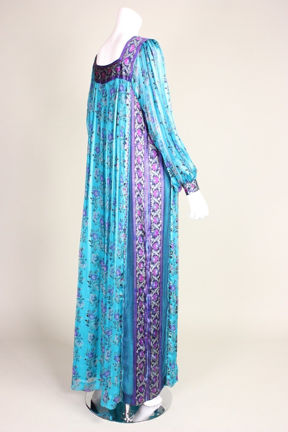 Women's 1970's Raksha Turquoise Silk Chiffon Maxi Dress