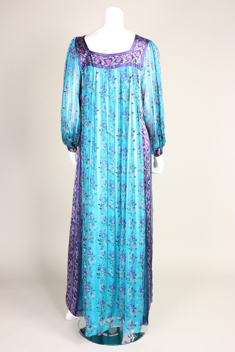 1970's Raksha Turquoise Silk Chiffon Maxi Dress 1